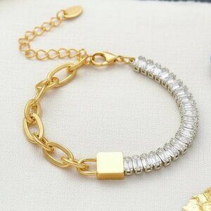 🆕️ 18K Gold Plated Bracelet With Sparkling Zirconia Baguettes & Padlock Design